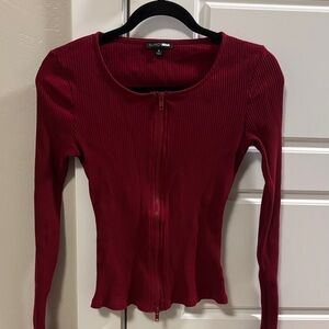 Fashion Nova Ribbed Zip-Front Long Sleeve Top in Burgundy